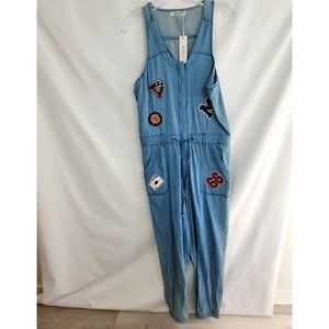 NWT Mebon by Machine Large Blue Denim Jumpsuit Patches Open Back Zipper Tie